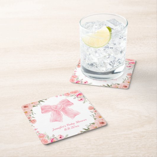 水彩フローラピンクボウ女の子の赤ちゃんシャワー スクエアペーパーコースター (インサイチュ)
