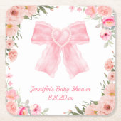 水彩フローラピンクボウ女の子の赤ちゃんシャワー スクエアペーパーコースター (正面)