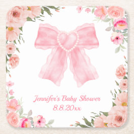 水彩フローラピンクボウ女の子の赤ちゃんシャワー スクエアペーパーコースター
