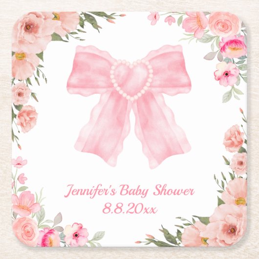 水彩フローラピンクボウ女の子の赤ちゃんシャワー スクエアペーパーコースター (正面)