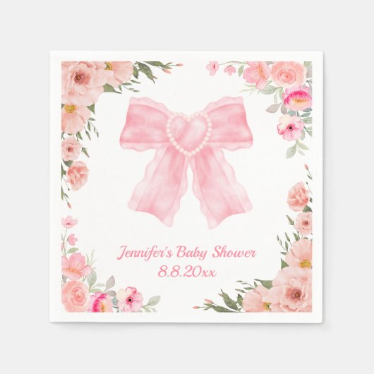 水彩フローラピンクボウ女の子の赤ちゃんシャワー スタンダードカクテルナプキン (正面)