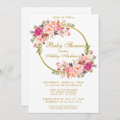 水彩フローラピンクリース金ゴールドベビーシャワー 招待状 (正面/裏面)