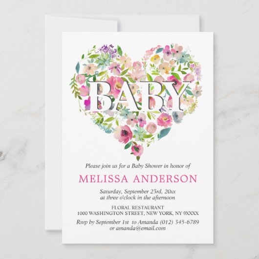 水彩フローラピンクローズハートベビーシャワー 招待状 (正面)