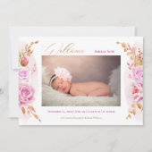 水彩フローラピンクローズベビーガールフォト誕生 案内状 (正面)