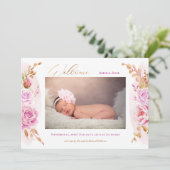 水彩フローラピンクローズベビーガールフォト誕生 案内状 (スタンド正面)