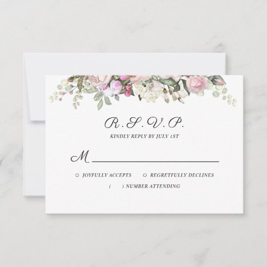 水彩フローラピンクローズ結婚ズ 出欠カード (正面)