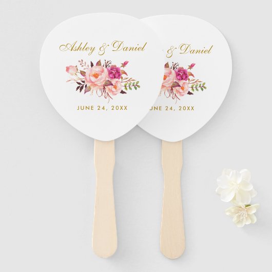 水彩フローラピンクローズ赤面結婚ズ ハンドファン (正面&裏面)