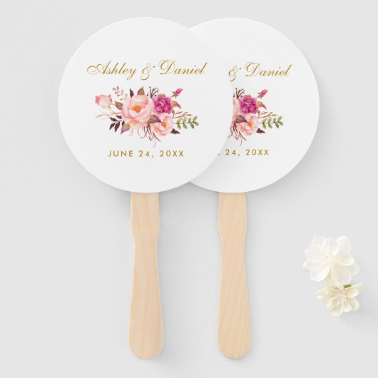 水彩フローラピンクローズ赤面結婚ズR ハンドファン (正面&裏面)