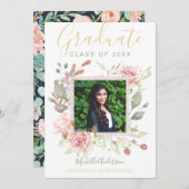 水彩フローラピンクローズ金ゴールド写真卒業 案内状 (正面/裏面)