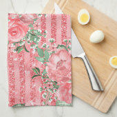 水彩フローラピンクローズ&グリッターストライプズ キッチンタオル (四つ折り)