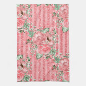水彩フローラピンクローズ&グリッターストライプズ キッチンタオル (縦)