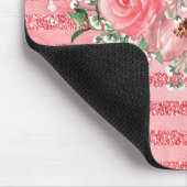 水彩フローラピンクローズ&グリッターストライプズ マウスパッド (コーナー)