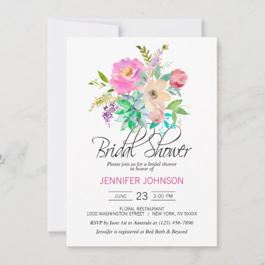 水彩フローラピンク多肉類ブライダルシャワー 招待状 (正面)