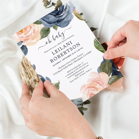 水彩フローラピンク海軍オ赤ちゃんシャワー 招待状