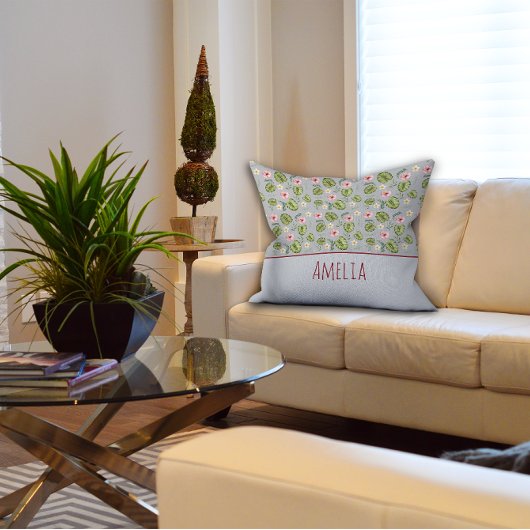 水彩フローラピンク灰色の名前装飾用クッション クッション