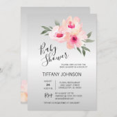 水彩フローラピンク灰色の花赤ちゃんシャワー 招待状 (正面/裏面)