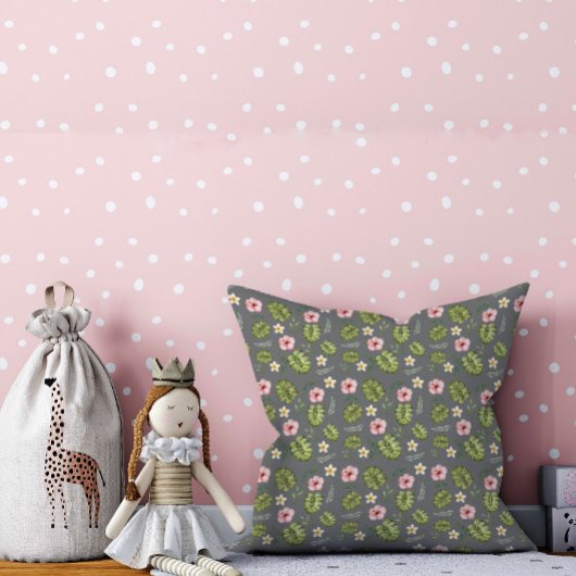 水彩フローラピンク灰色パターン クッション