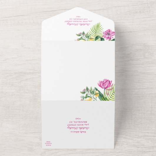 水彩フローラピンク牡丹フォトキンチェニェラ オールインワン招待状 (外側)