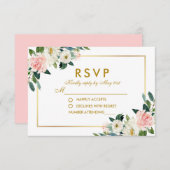 水彩フローラピンク白金ゴールド結婚式RSVP Pk 出欠カード (正面/裏面)