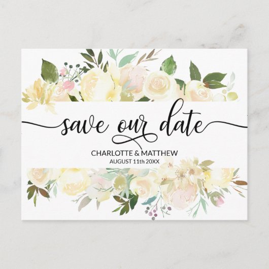 水彩フローラピンク結婚アイボリーの救日付 案内ポストカード (正面)