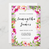 水彩フローラピンク結婚グリーン 招待状 (正面/裏面)