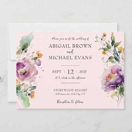 水彩フローラピンク結婚式招待状 招待状 (正面)