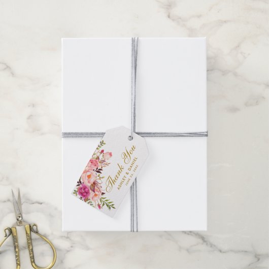 水彩フローラピンク結婚金ゴールド感謝していの ギフトタグ (より糸付き)