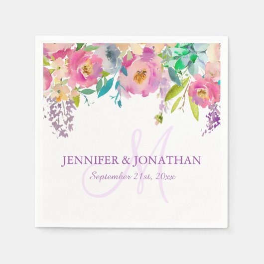 水彩フローラピンク薄紫パープルリース結婚ズ スタンダードカクテルナプキン (正面)