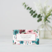 水彩フローラピンク赤ティール(緑がかった色)花 名刺 (スタンド正面)