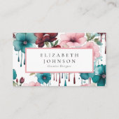 水彩フローラピンク赤ティール(緑がかった色)花 名刺 (正面)