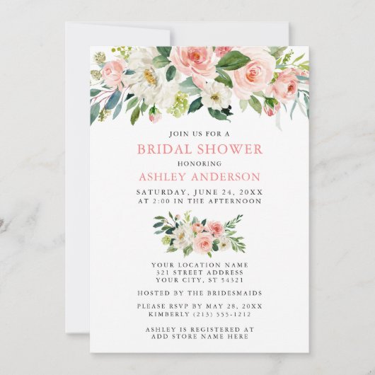 水彩フローラピンク赤面エレガントブライダルシャワー 招待状 (正面)