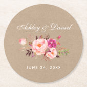 水彩フローラピンク赤面クラフト結婚ズ ラウンドペーパーコースター (正面)