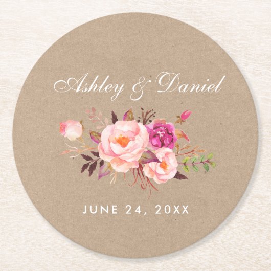 水彩フローラピンク赤面クラフト結婚ズ ラウンドペーパーコースター (正面)