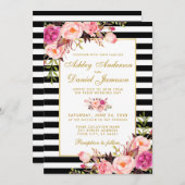 水彩フローラピンク赤面ストライプの金ゴールド結婚 招待状 (正面/裏面)