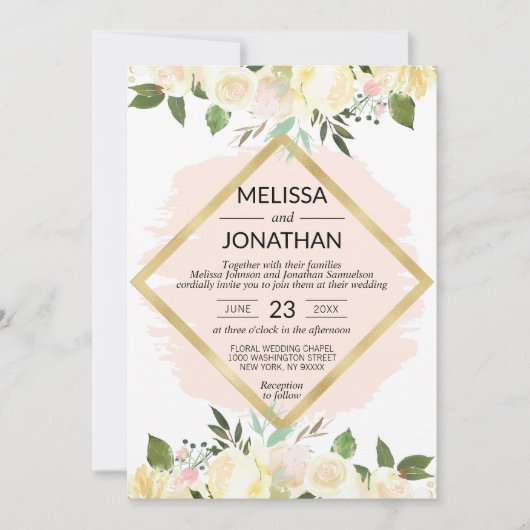 水彩フローラピンク赤面ピンク金ゴールド結婚ズ 招待状 (正面)