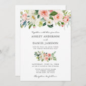 水彩フローラピンク赤面フォト結婚ズ 招待状 (正面/裏面)