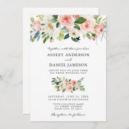 水彩フローラピンク赤面フォト結婚ズ 招待状