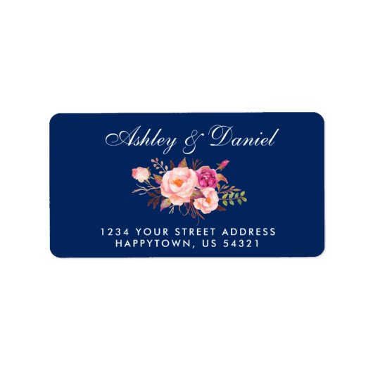 水彩フローラピンク赤面ブルー結婚ズ・アドレス ラベル (正面)