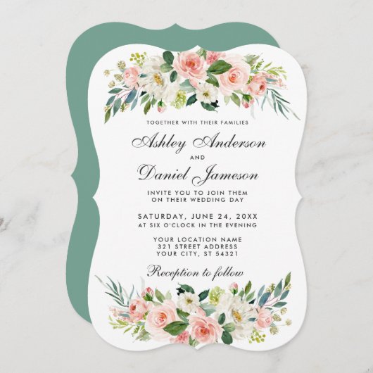 水彩フローラピンク赤面ホワイト結婚ズGBB 招待状 (正面/裏面)