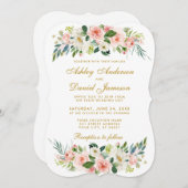 水彩フローラピンク赤面ホワイト金ゴールド結婚ズBG 招待状 (正面/裏面)