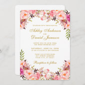 水彩フローラピンク赤面結婚の金ゴールド 招待状 (正面/裏面)