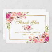 水彩フローラピンク赤面結婚金ゴールド感謝していの サンキューカード (正面/裏面)