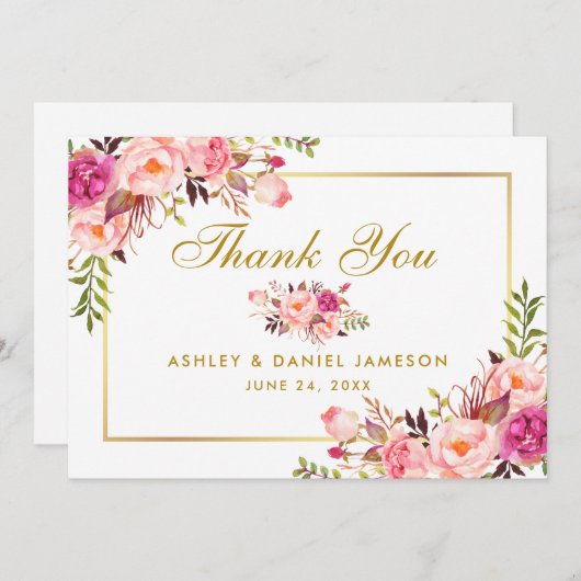 水彩フローラピンク赤面結婚金ゴールド感謝していの サンキューカード (正面/裏面)