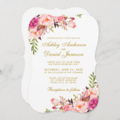 水彩フローラピンク赤面結婚金ゴールドB 招待状 (正面/裏面)