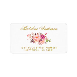 水彩フローラピンク赤面金ゴールドアドレス ラベル