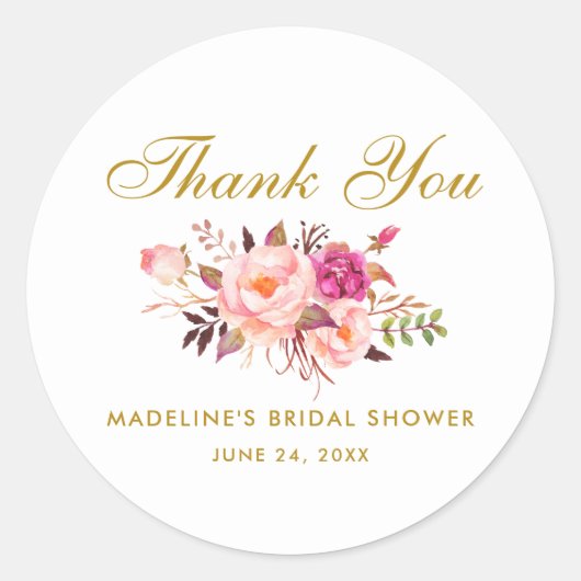 水彩フローラピンク赤面金ゴールドブライダルシャワー ラウンドシール (正面)