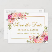 水彩フローラピンク赤面金ゴールド保存日 案内ポストカード (正面/裏面)