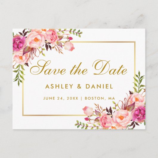 水彩フローラピンク赤面金ゴールド保存日 案内ポストカード (正面)