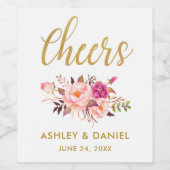 水彩フローラピンク赤面金ゴールド結婚の応援 ワインラベル (シングルラベル)