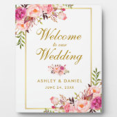 水彩フローラピンク赤面金ゴールド結婚の歓迎 フォトプラーク (正面)